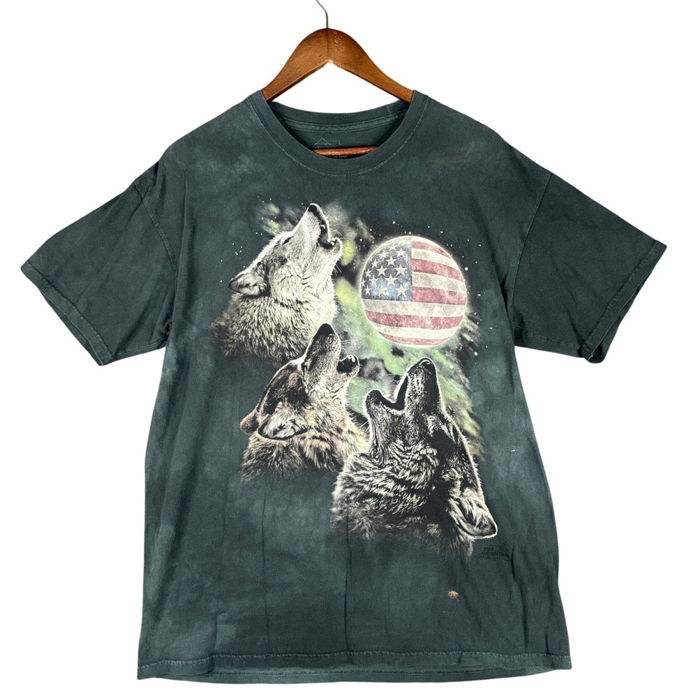 Vintage The Mountain Wolf American Flag Moon Tie Dye T-Shirt Mens Large Green